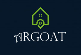 Logo Argoat sur fond bleu avec maison verte