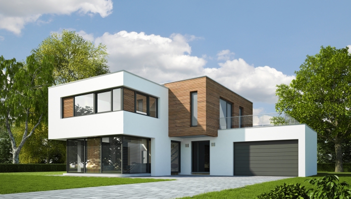 maison moderne bois et enduit blanc avec toiture terrasse